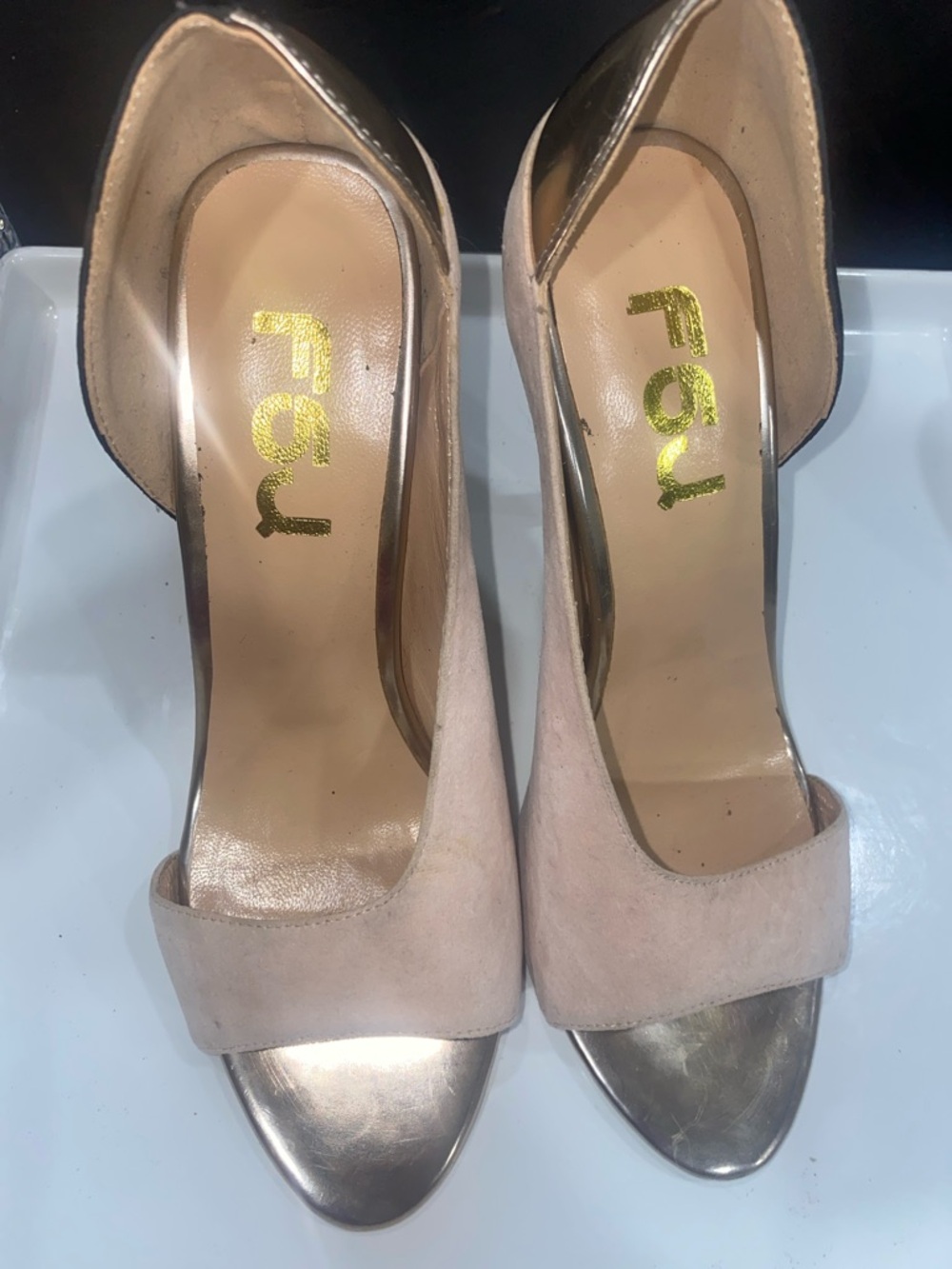 FSJ Blush Suede Open-Toe Heels with Gold Toe Cap